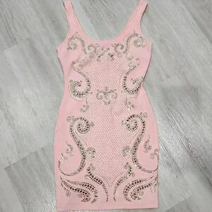 Bebe Women's Rhinestones Sleeveless Lined Bodycon Mini Dress Pink Size Small
